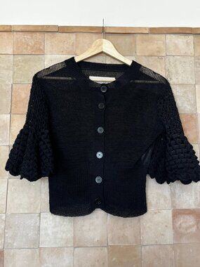 Malene Birger Black Cardigan with Crochet Trumpet Sleeve Size S